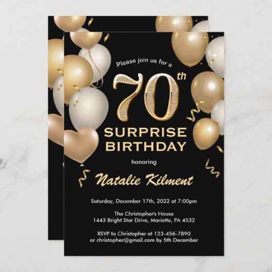 Verrassend 70e verjaardag zwarte en gouden ballonn kaart (Voorkant / Achterkant)