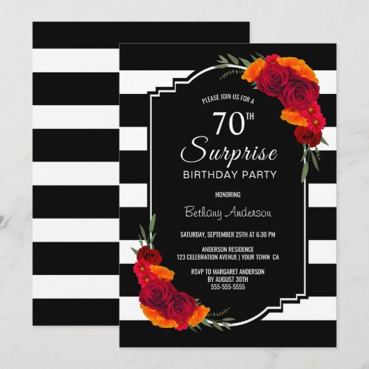 Verrassend 70e verjaardag Zwarte Witte Striped Flo Kaart
