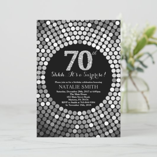 Verrassend 70th Birthday Black en Silver Glitter Kaart (Staand voorkant)