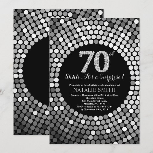 Verrassend 70th Birthday Black en Silver Glitter Kaart (Voorkant / Achterkant)