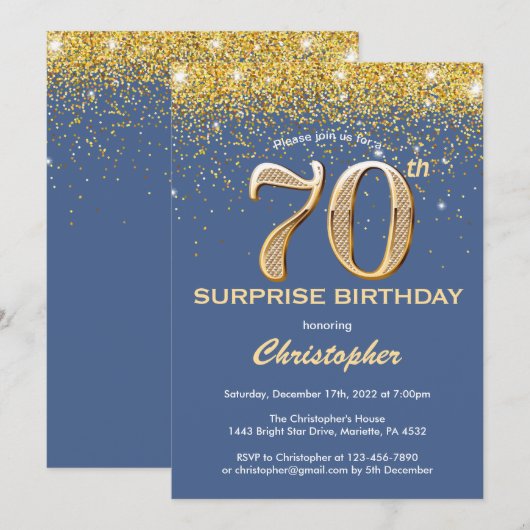 Verrassend 70th Birthday Blue en Gold Glitter Kaart (Voorkant / Achterkant)