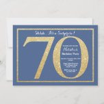 Verrassend 70th Birthday Blue en Gold Glitter Kaart<br><div class="desc">Verrassend 70e uitnodiging op de verjaardag. Blauwe en goudglitter Birthday Party nodigt uit met blauwe achtergrond. Verrassende verjaardag. Volwassen verjaardag. Mannen of Vrouwen Bday Bash Party. Voor verdere aanpassing,  te klikken gelieve de knoop "van de Aanpassing het"en ons ontwerphulpmiddel te gebruiken om deze sjabloon te wijzigen.</div>