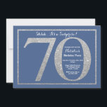 Verrassend 70th Birthday Blue en Silver Glitter Kaart<br><div class="desc">Verrassend 70e uitnodiging op de verjaardag. Blauwe en Zilveren Glitter Birthday Party nodigt uit met blauwe achtergrond. Verrassende verjaardag. Volwassen verjaardag. Mannen of Vrouwen Bday Bash Party. Voor verdere aanpassing,  te klikken gelieve de knoop "van de Aanpassing het"en ons ontwerphulpmiddel te gebruiken om deze sjabloon te wijzigen.</div>