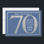 Verrassend 70th Birthday Blue en Silver Glitter Kaart<br><div class="desc">Verrassend 70e uitnodiging op de verjaardag. Blauwe en Zilveren Glitter Birthday Party nodigt uit met blauwe achtergrond. Verrassende verjaardag. Volwassen verjaardag. Mannen of Vrouwen Bday Bash Party. Voor verdere aanpassing,  te klikken gelieve de knoop "van de Aanpassing het"en ons ontwerphulpmiddel te gebruiken om deze sjabloon te wijzigen.</div>