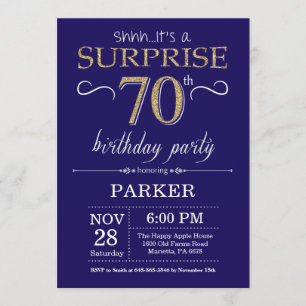 Verrassend 70th Birthday Navy Blue en Gold Glitter Kaart