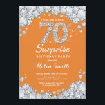 Verrassend 70th Birthday Oranje en Silver Diamond Kaart<br><div class="desc">Verrassend 70e uitnodiging op de verjaardag. Oranje en Zilveren Rhinestone Diamond Red achtergrond. Elegant Birthday Bash nodigt uit. Volwassen verjaardag. Vrouwendag. Mannen op zaterdag. Voor verdere aanpassing,  te klikken gelieve de knoop "van de Aanpassing het"en ons ontwerphulpmiddel te gebruiken om deze sjabloon te wijzigen.</div>