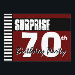 Verrassend 70th Birthday Red en Black V02 Kaart<br><div class="desc">Verrassend 70th Birthday Red en Black V02 Dit moderne ontwerp is een leuke manier om mensen uit te nodigen voor een verrassende viering van de 75ste verjaardag. Alle tekst is volledig aanpasbaar. U kunt experimenteren met verschillende papiertypen door op het tabblad "Uitnodigingsopties" in de rechterbovenhoek te klikken. Ik adviseer het...</div>