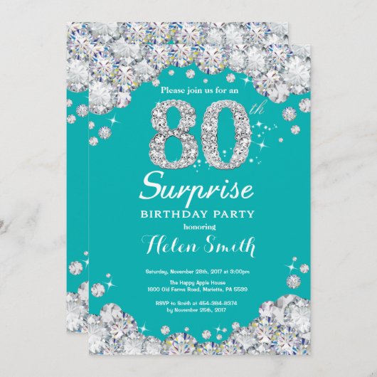 Verrassend 80e verjaardag Blauwgroen en Silver Dia Kaart (Voorkant / Achterkant)