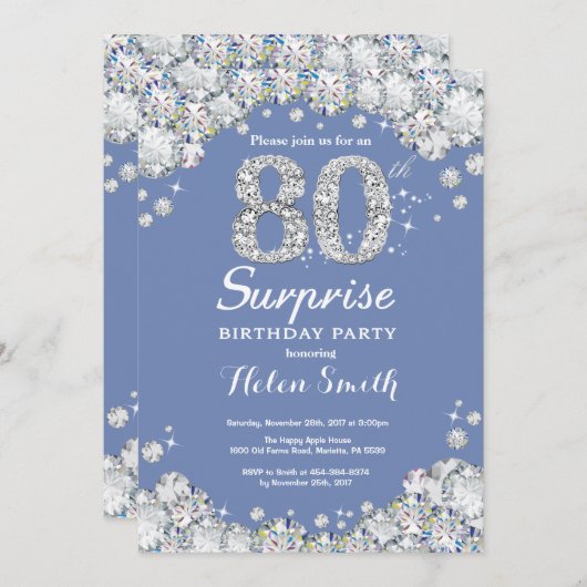 Verrassend 80e verjaardag Blue Silver Diamond Kaart (Voorkant / Achterkant)