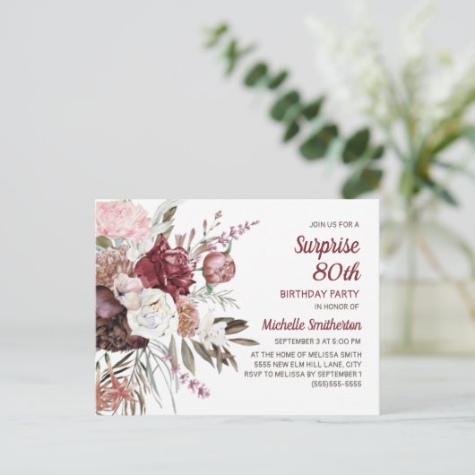Verrassend 80e verjaardag Burgundy Blush Pink Flor Briefkaart (Staand voorkant)
