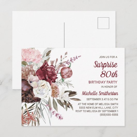 Verrassend 80e verjaardag Burgundy Blush Pink Flor Briefkaart (Voorkant / Achterkant)
