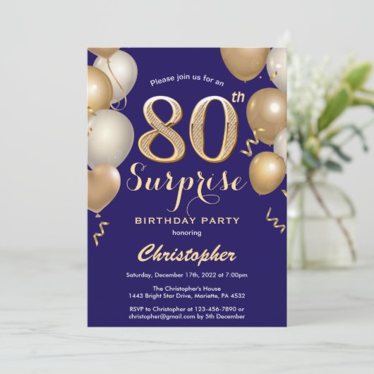 Verrassend 80e verjaardag marineblauw en gouden ba kaart (Staand voorkant)