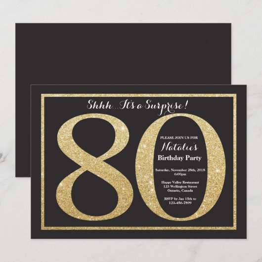 Verrassend 80e verjaardag Uitnodiging Gold Glitter (Voorkant / Achterkant)