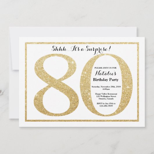 Verrassend 80e verjaardag Uitnodiging Gold Glitter (Voorkant)