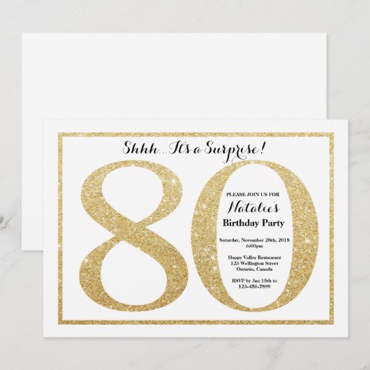 Verrassend 80e verjaardag Uitnodiging Gold Glitter (Voorkant / Achterkant)