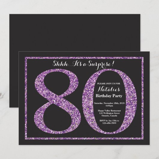 Verrassend 80e verjaardag Uitnodiging Paars Glitte (Voorkant / Achterkant)
