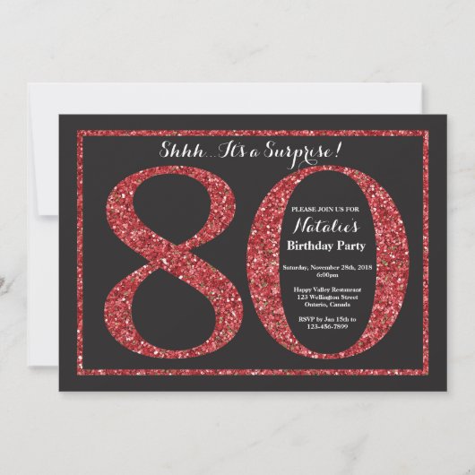 Verrassend 80e verjaardag Uitnodiging rood glitter (Voorkant)