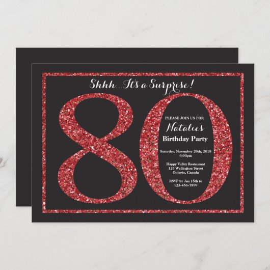 Verrassend 80e verjaardag Uitnodiging rood glitter (Voorkant / Achterkant)