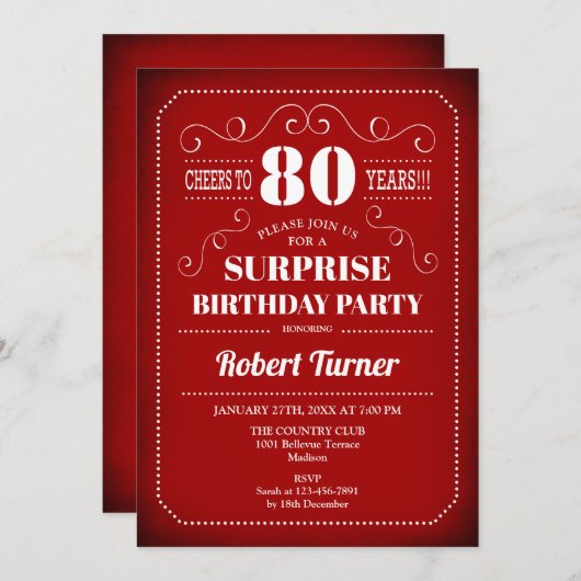 Verrassend 80e verjaardag Uitnodiging - Rood Wit (Voorkant / Achterkant)