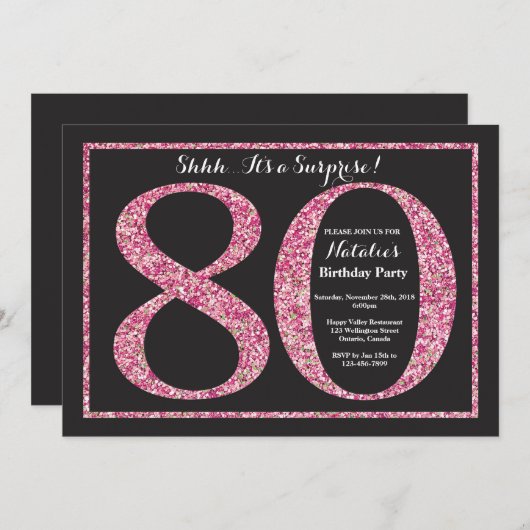 Verrassend 80e verjaardag Uitnodiging Roze Glitter (Voorkant / Achterkant)
