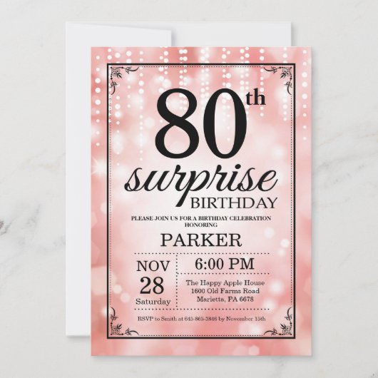 Verrassend 80e verjaardag Uitnodiging Roze Glitter (Voorkant)