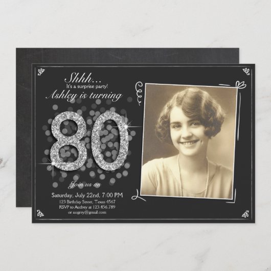 Verrassend 80e verjaardag Uitnodiging Zilveren Vin (Voorkant / Achterkant)