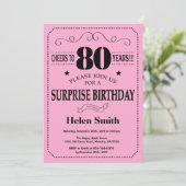 Verrassend 80e verjaardag Uitnodiging zwart en roz (Staand voorkant)