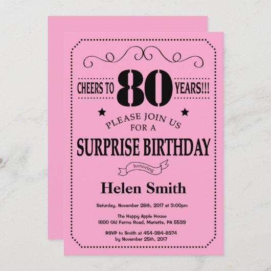 Verrassend 80e verjaardag Uitnodiging zwart en roz (Voorkant / Achterkant)