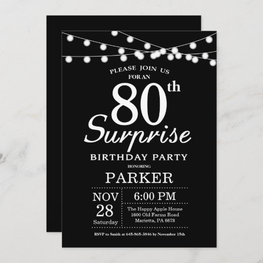 Verrassend 80e verjaardag Uitnodiging zwart-wit (Voorkant / Achterkant)