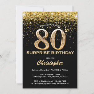 Verrassend 80e verjaardag zwart en gouden glitter kaart