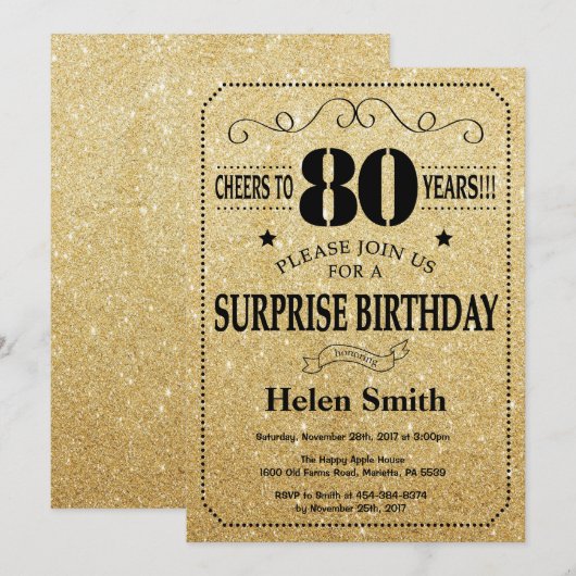 Verrassend 80e verjaardag zwart en gouden glitter kaart (Voorkant / Achterkant)
