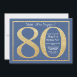 Verrassend 80th Birthday Blue en Gold Glitter Kaart<br><div class="desc">Verrassend 80ste uitnodiging op de verjaardag. Blauwe en goudglitter Birthday Party nodigt uit met blauwe achtergrond. Verrassende verjaardag. Volwassen verjaardag. Mannen of Vrouwen Bday Bash Party. Voor verdere aanpassing,  te klikken gelieve de knoop "van de Aanpassing het"en ons ontwerphulpmiddel te gebruiken om deze sjabloon te wijzigen.</div>