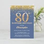 Verrassend 80th Birthday Blue en Gold Glitter Kaart (Staand voorkant)