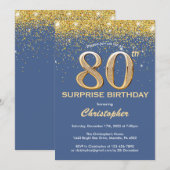 Verrassend 80th Birthday Blue en Gold Glitter Kaart (Voorkant / Achterkant)