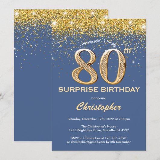 Verrassend 80th Birthday Blue en Gold Glitter Kaart (Voorkant / Achterkant)