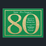 Verrassend 80th Birthday Green en Gold Glitter Kaart<br><div class="desc">Verrassend 80ste uitnodiging op de verjaardag. De Groene en Gouden Glitter Birthday Party nodigt met Groene Achtergrond uit. Verrassende verjaardag. Volwassen verjaardag. Mannen of Vrouwen Bday Bash Party. Voor verdere aanpassing,  te klikken gelieve de knoop "van de Aanpassing het"en ons ontwerphulpmiddel te gebruiken om deze sjabloon te wijzigen.</div>