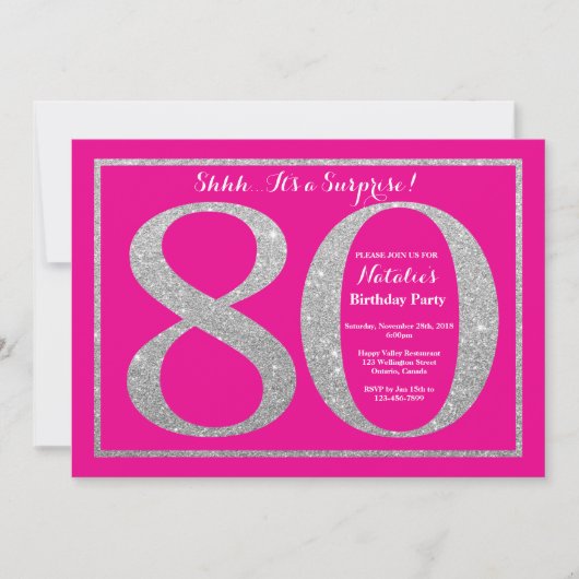 Verrassend 80th Birthday Hot Pink en Silver Glitte Kaart (Voorkant)