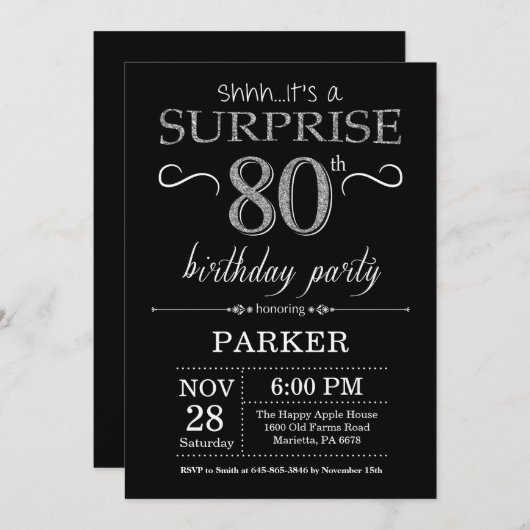 Verrassend 80th Birthday Invitation Black en Silve Kaart (Voorkant / Achterkant)