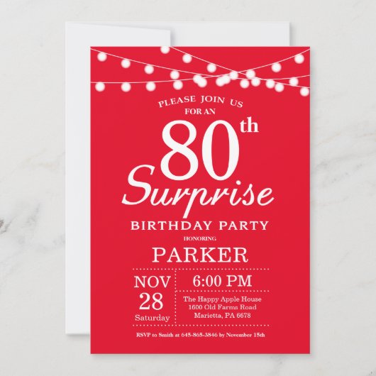 Verrassend 80th Birthday Invitation Red Kaart (Voorkant)