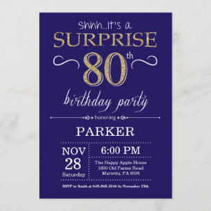 Verrassend 80th Birthday Navy Blue en Gold Glitter Kaart