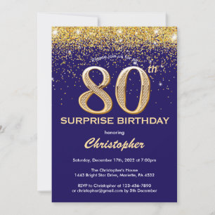 Verrassend 80th Birthday Navy Blue en Gold Glitter Kaart