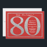 Verrassend 80th Birthday Red en Silver Glitter Kaart<br><div class="desc">Verrassend 80ste uitnodiging op de verjaardag. De Rode en Zilveren Partij van de Dagen nodigt met Rode Achtergrond uit. Verrassende verjaardag. Volwassen verjaardag. Mannen of Vrouwen Bday Bash Party. Voor verdere aanpassing,  te klikken gelieve de knoop "van de Aanpassing het"en ons ontwerphulpmiddel te gebruiken om deze sjabloon te wijzigen.</div>