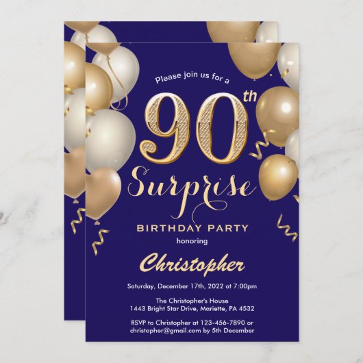 Verrassend 90e verjaardag marineblauw en gouden ba kaart (Voorkant / Achterkant)