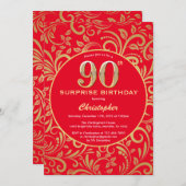Verrassend 90e verjaardag Rood en gouden Floral Kaart (Voorkant / Achterkant)