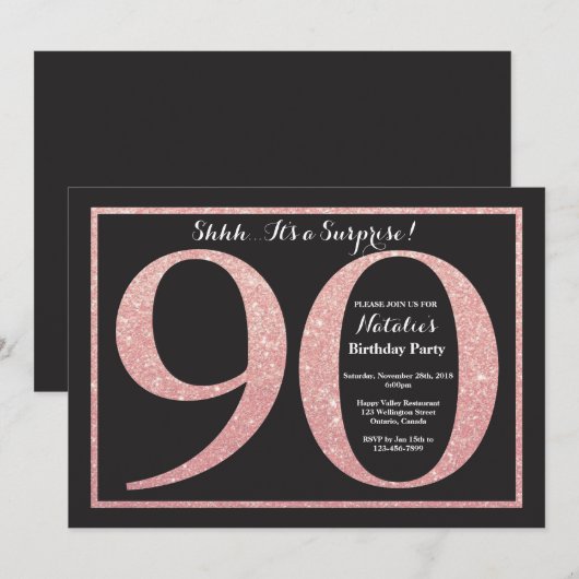 Verrassend 90e verjaardag Roos Roze Gold Glitter Kaart (Voorkant / Achterkant)