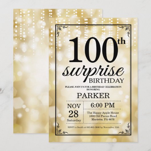 Verrassend 90e verjaardag Uitnodiging Gold Glitter (Voorkant / Achterkant)
