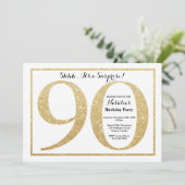 Verrassend 90e verjaardag Uitnodiging Gold Glitter (Staand voorkant)