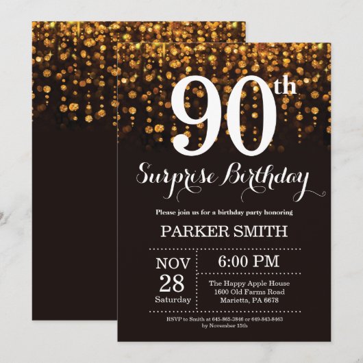 Verrassend 90e verjaardag Uitnodiging Gold Glitter (Voorkant / Achterkant)