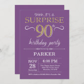 Verrassend 90e verjaardag Uitnodiging Paars en gou (Voorkant / Achterkant)