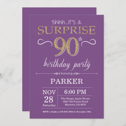 Verrassend 90e verjaardag Uitnodiging Paars en gou (Voorkant / Achterkant)
